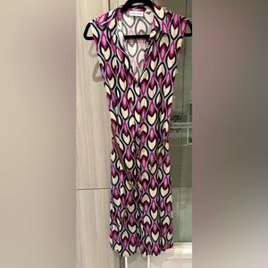 Pink and Blue Sleeveless Sundress with Notched Collar & Belt